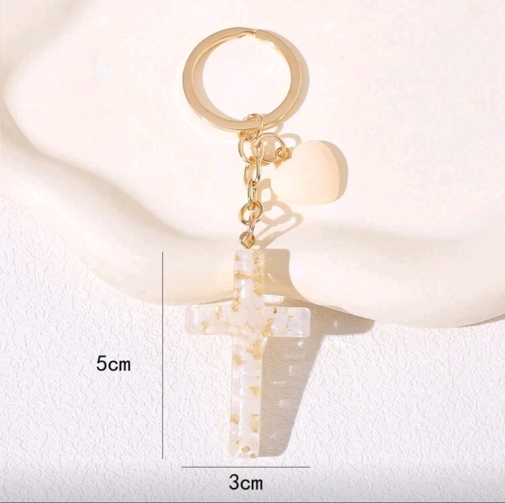 Elegant Gold and Cream Cross Keychain